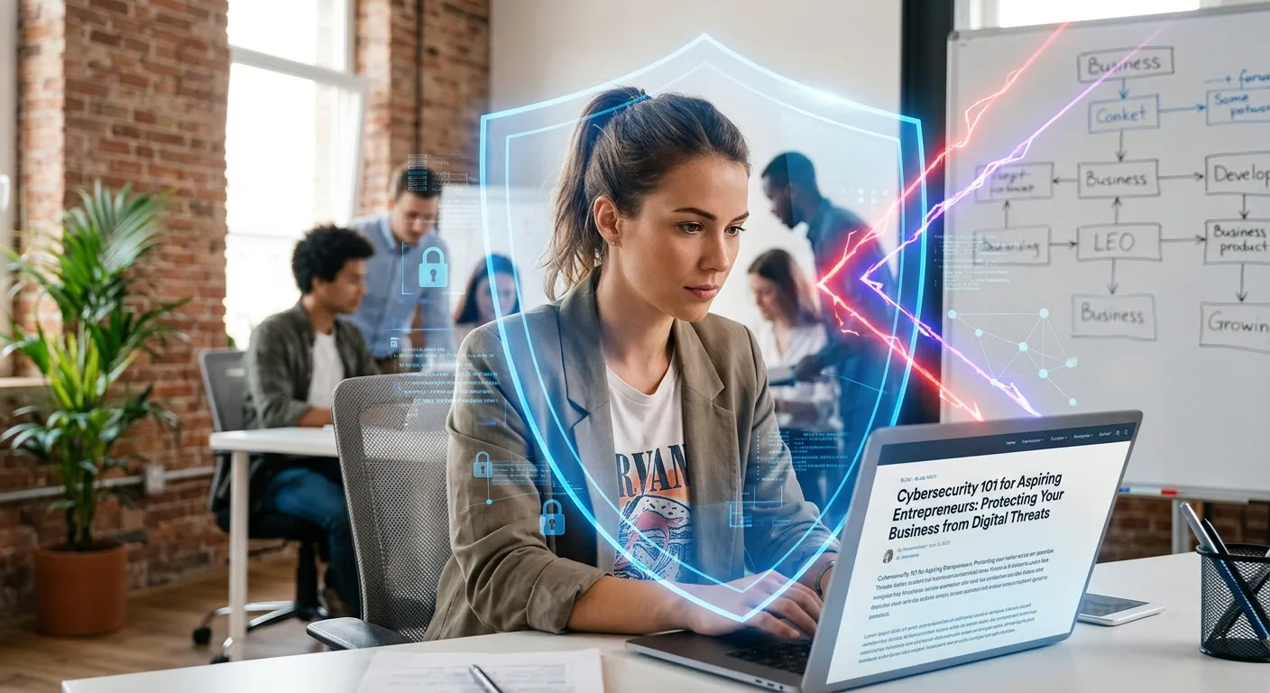 A business owner working at a laptop with a digital security shield graphic, representing cybersecurity for entrepreneurs