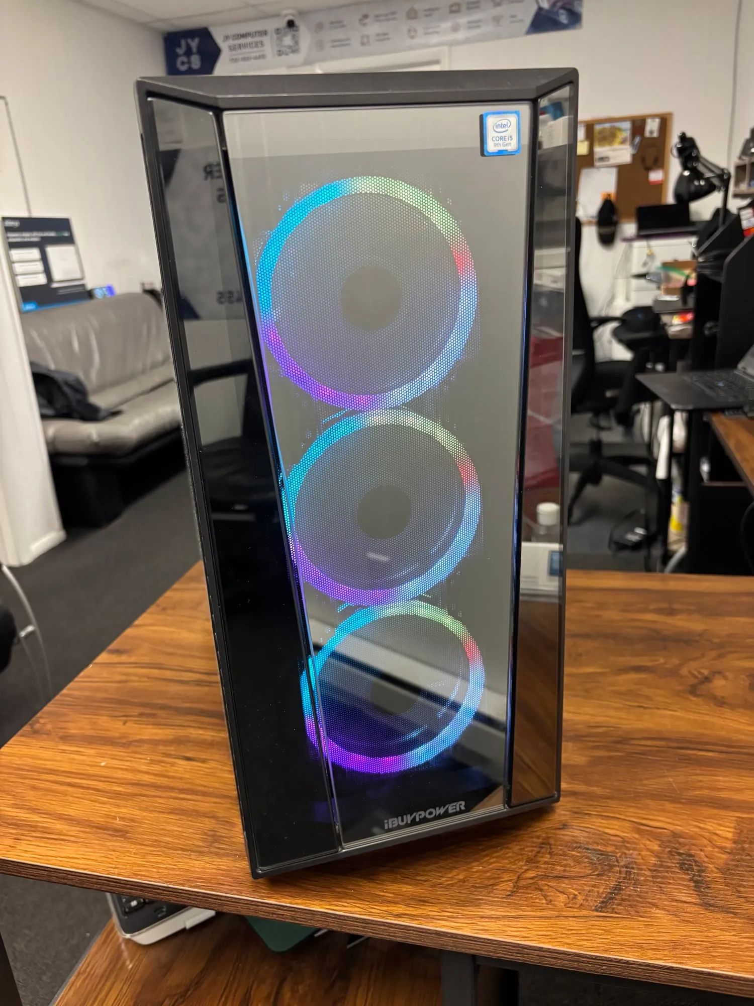 A gaming PC with triple RGB fans set up in the Marlboro shop