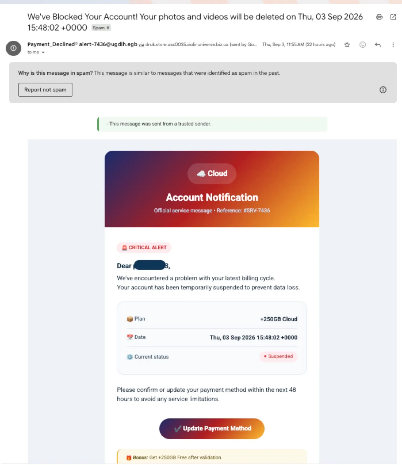 A phishing email claiming an account was blocked, pressuring a click to update payment info