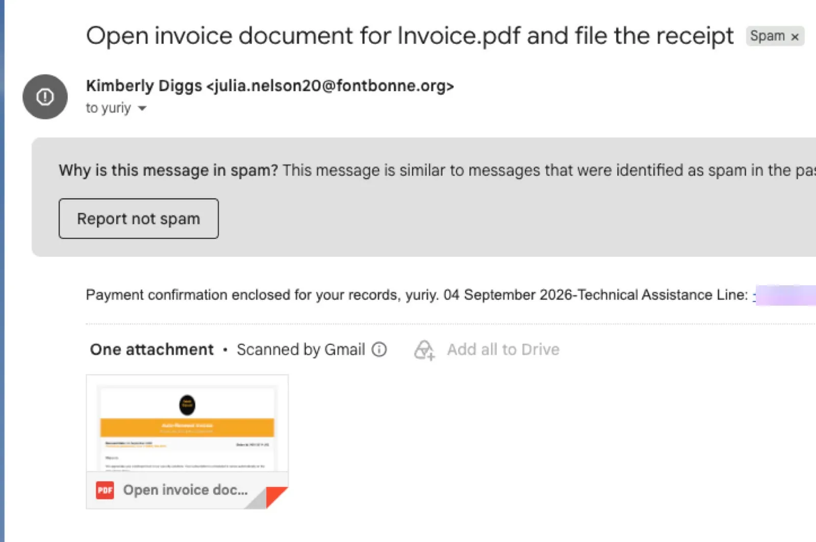 A fake invoice email listing a phone number to call, a common tech-support scam tactic