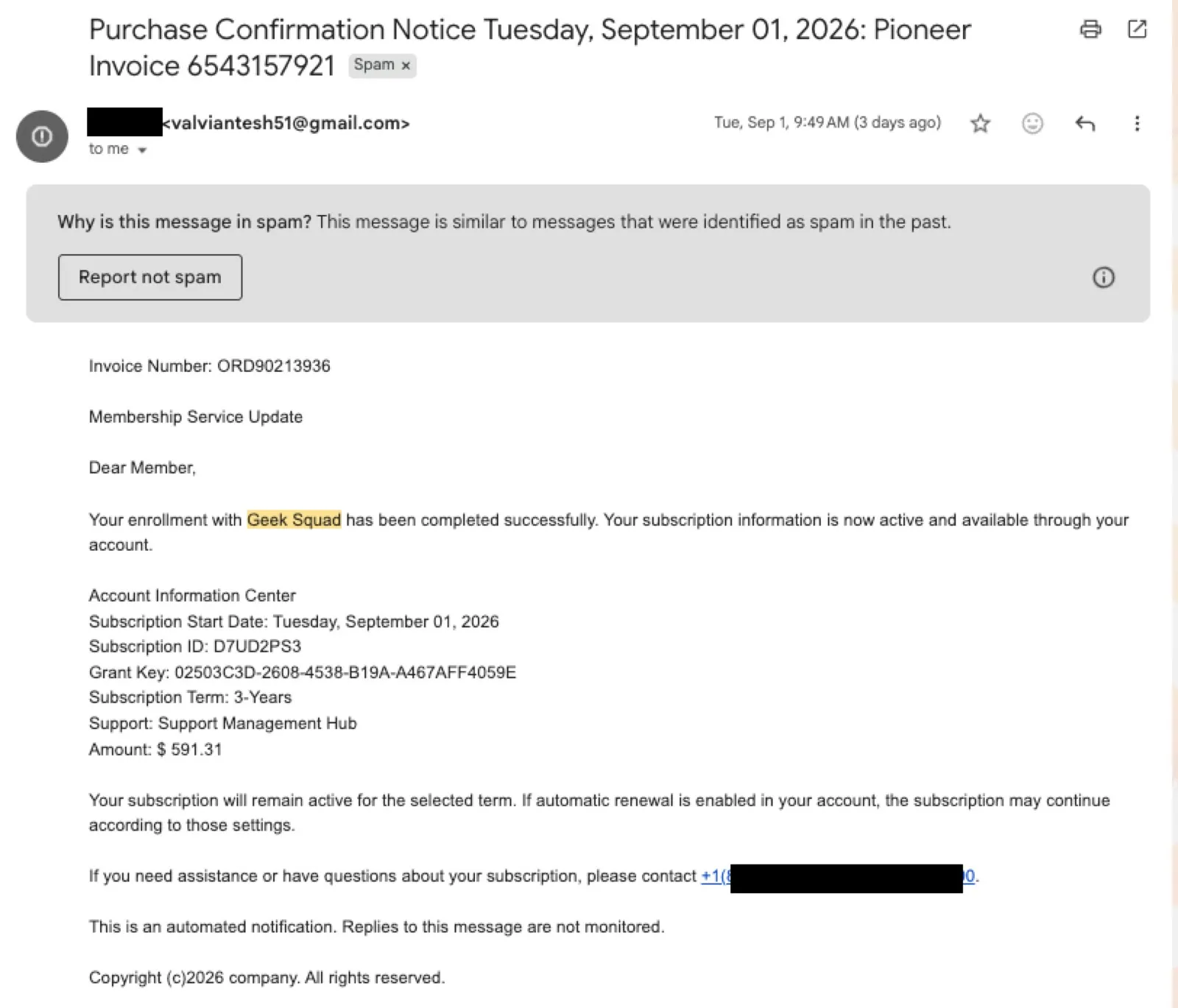 A fake Geek Squad renewal invoice email for $591.31 that was never actually purchased