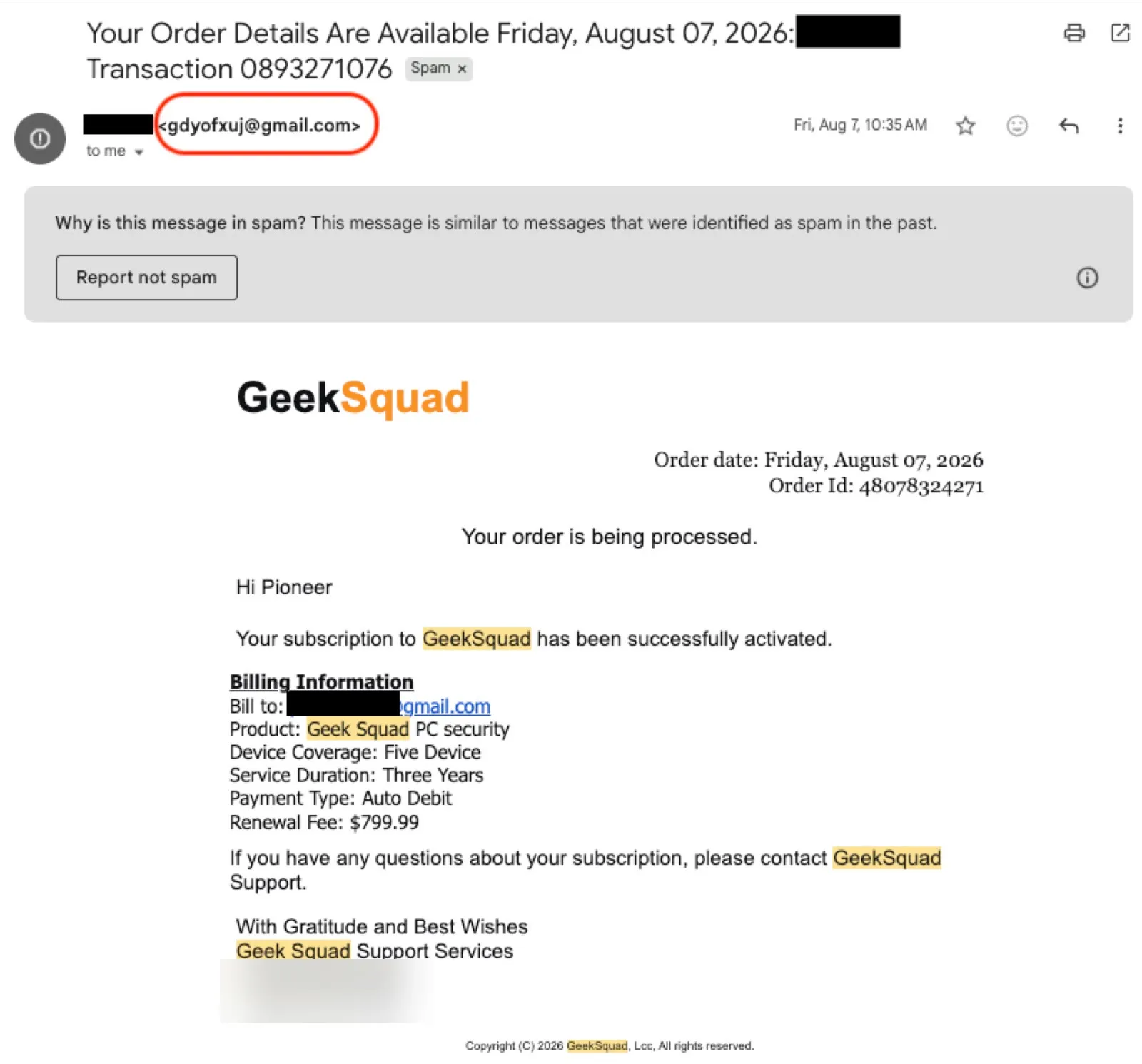 A second fake Geek Squad invoice, with the scammer's mismatched sender address circled