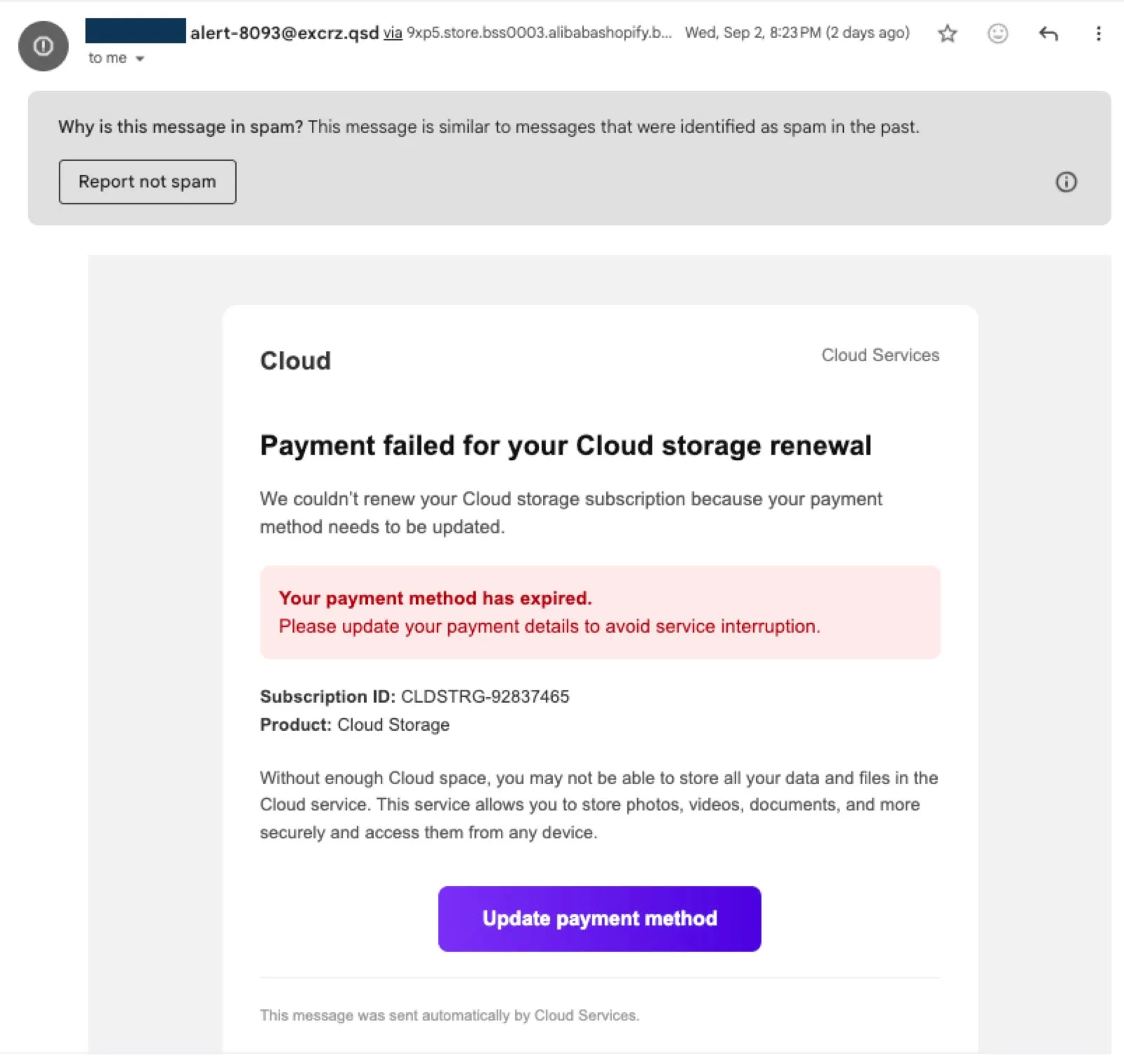 A second version of the same cloud storage payment-failed phishing template