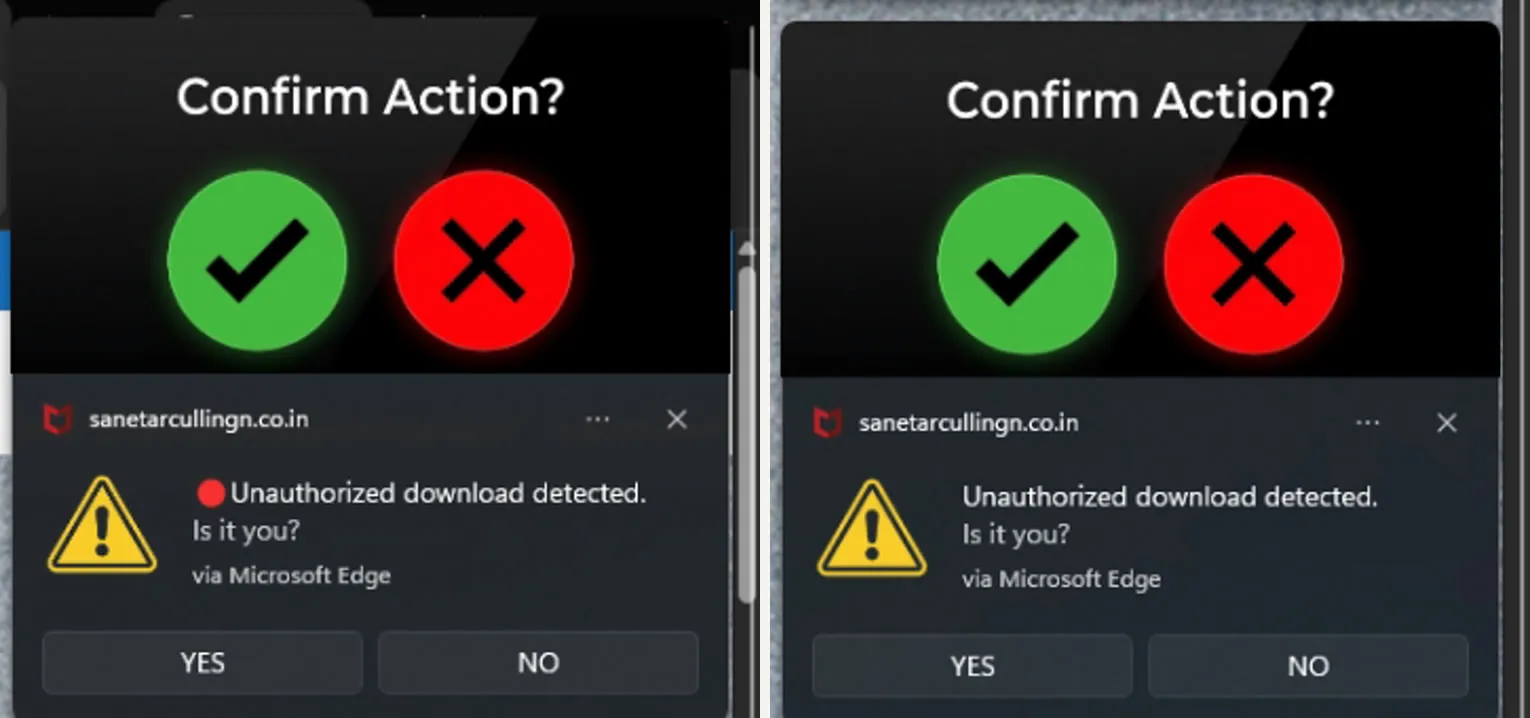A stack of fake 'unauthorized download detected' browser pop-ups trying to get a click